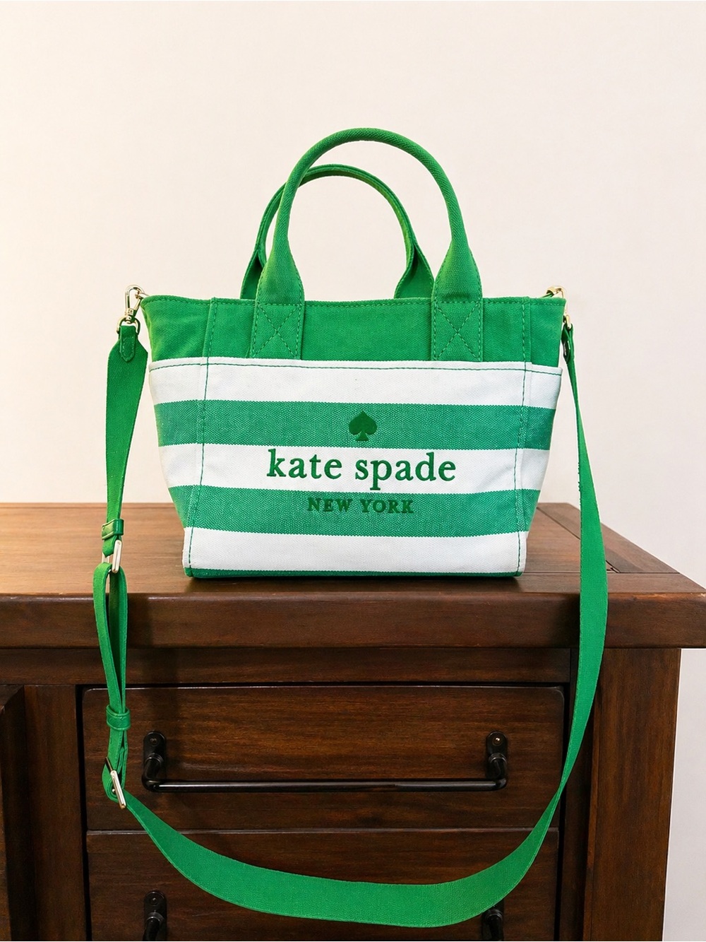 kate spade Green and White Striped Canvas Crossbody Tote